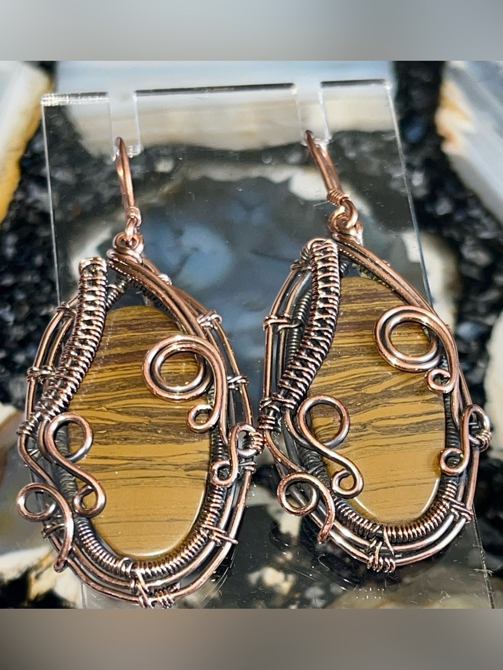 Copper Wire-wrapped Rainbow Calsilica Earrings 2 1/2”